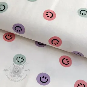Bombažna tkanina FLANNEL Happy faces off white lilac