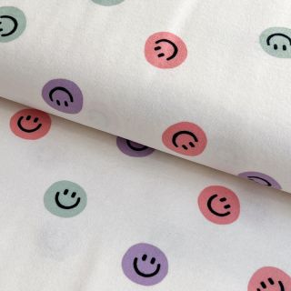 Bombažna tkanina FLANNEL Happy faces off white lilac