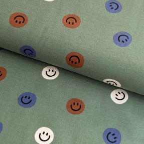Bombažna tkanina FLANNEL Happy faces army green