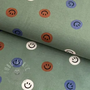 Bombažna tkanina FLANNEL Happy faces army green