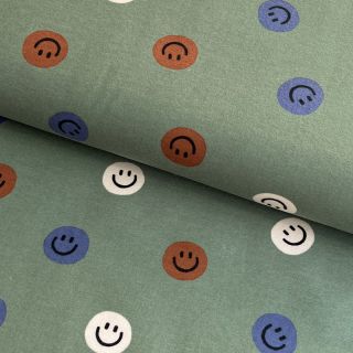 Bombažna tkanina FLANNEL Happy faces army green
