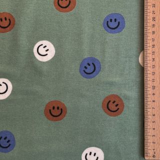Bombažna tkanina FLANNEL Happy faces army green